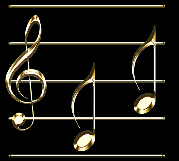 Hudba pentagram s golden houslový klíč a poznámky ilustrace - hudební motiv - černé pozadí - Fotografie, Obrázek