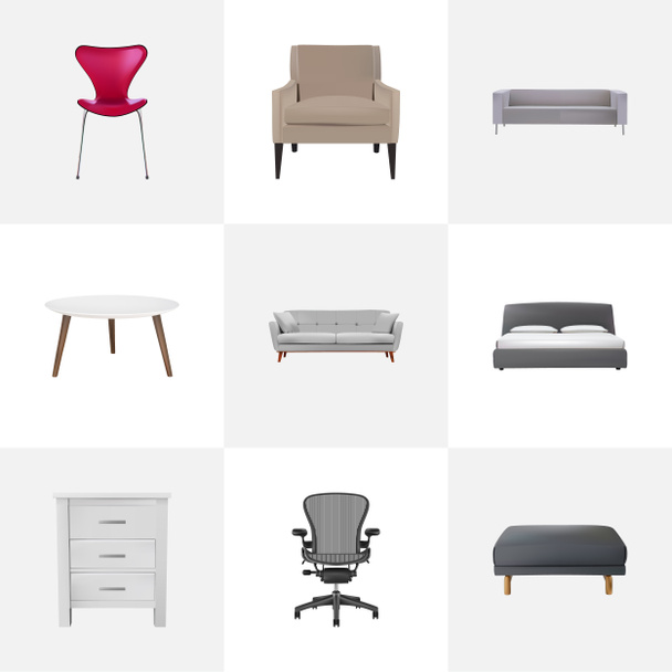 Ensemble de symboles réalistes de meubles avec table ronde, fauteuil, placard et autres icônes pour la conception du logo de votre application mobile Web
. - Photo, image