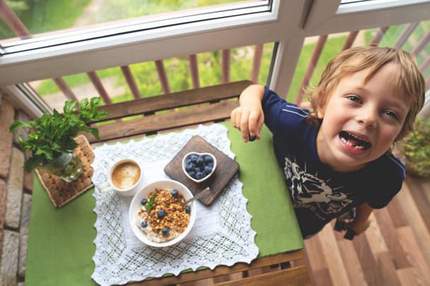 Сніданок з вівсянкою, гранолою та чорницею на дерев'яному фоні
 - Фото, зображення