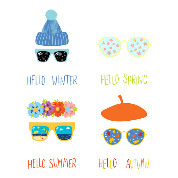 Set hand getrokken van zonnebril met zomer, herfst, winter, voorjaar symbolen weerspiegeld - Vector, afbeelding