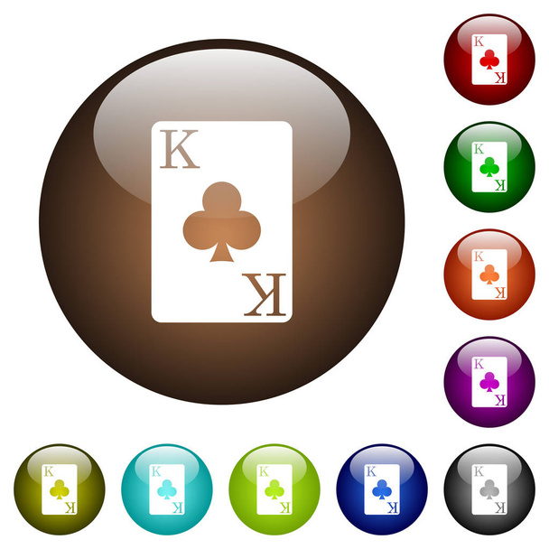 Rei de clubes cartão ícones brancos em botões de vidro cor redonda
 - Vetor, Imagem
