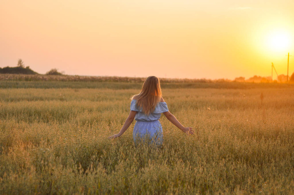 Young girl with long hair walking in the Russian field at sunset - Foto, Imagem