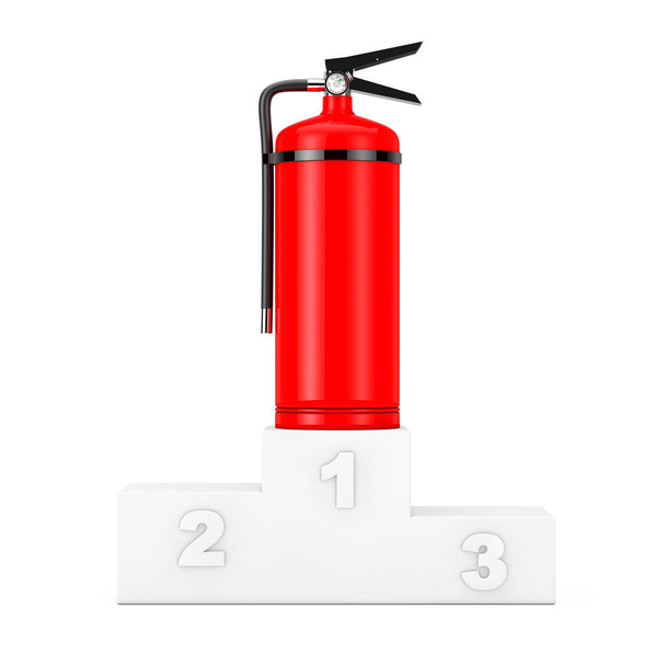 Red Fire Extinguisher over White Winners Podium on a white background. 3d Rendering - Foto, Imagen