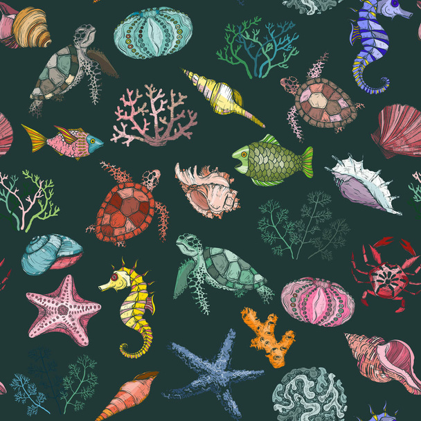 Seamless pattern with ocean organisms shells, fish, corals and turtle - Vecteur, image