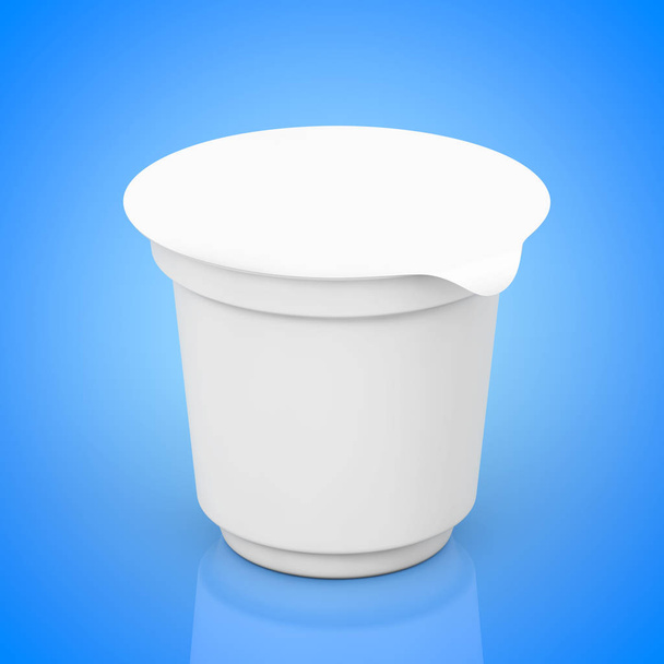 Blank White Packaging Containers for Yogurt, Ice Cream or Dessert on a blue background. 3d Rendering - 写真・画像