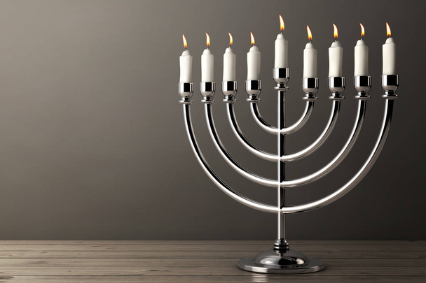 Retro Silver Hanukkah Menorah with Burning Candles on a wooden table. 3d Rendering - Photo, Image