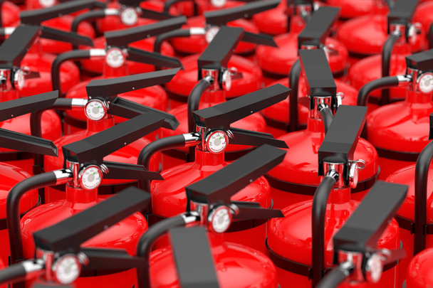Ряд красных огнетушителей в качестве фонового экстремального крупного плана. 3D-рендеринг
 - Фото, изображение