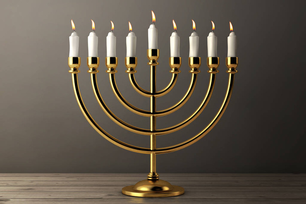 Retro Golden Hanukkah Menorah com velas em chamas em uma mesa de madeira. Renderização 3d
 - Foto, Imagem