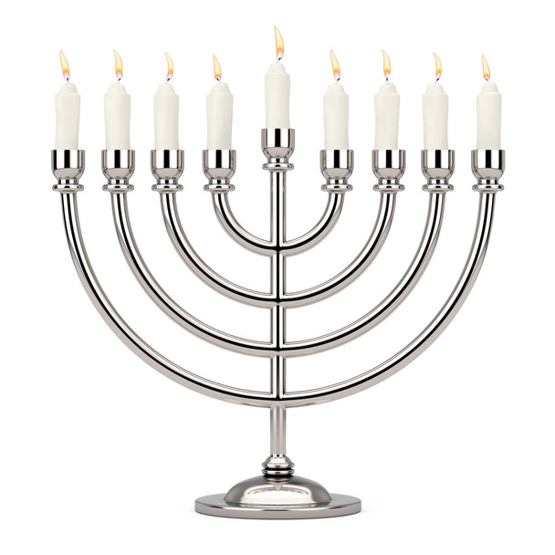 Retro Silver Hanukkah Menorah con velas ardientes sobre un fondo blanco. Renderizado 3d
 - Foto, imagen