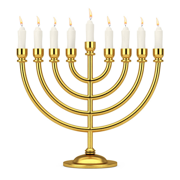 Retro Golden Hanukkah Menorah con velas ardientes sobre un fondo blanco. Renderizado 3d
 - Foto, imagen
