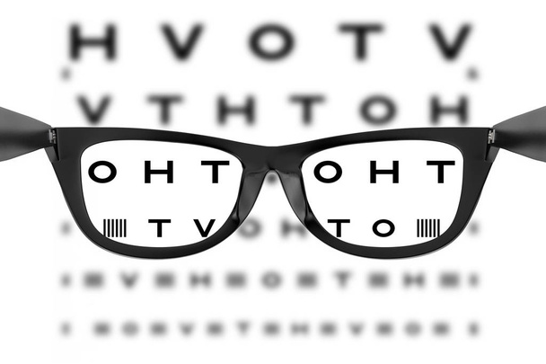 Augendiagramm oder Sehtest durch eine Brille auf weißem Hintergrund. 3D-Darstellung - Foto, Bild