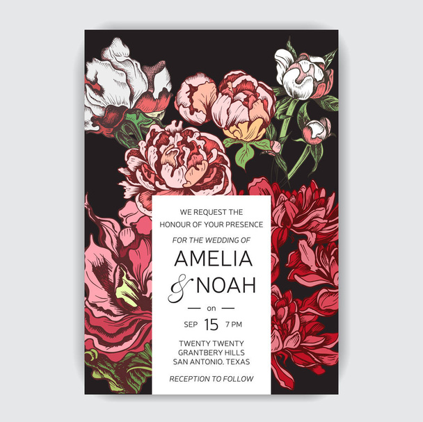 Vector illustration sketch - card with flowers. Wedding invitation with flower. Dahlias, Ruscus, Viburnum. - Vector, Image
