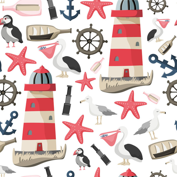 Seamless sea pattern with fishes, anchor, corals, lighthouse, whale, atlantic puffin etc. Ocean background - Vetor, Imagem