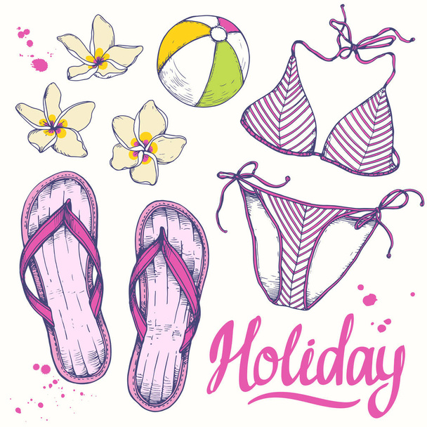 Holiday hand-drawn set with inflatable ball, swimsuit, flip flops. Vector illustration in sketch style on white background. Brush calligraphy elements. Handwritten ink lettering. - Wektor, obraz