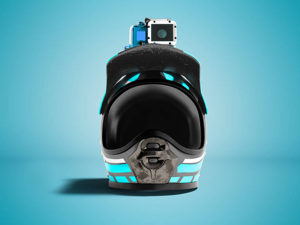 Modern blue motorcycle helmet with blue action camera in front 3d render on blue background with shadow - Photo, Image