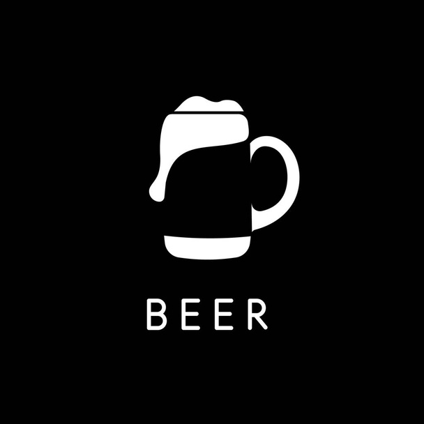 Beer mug with beer, negative space logo template, white silhouette on black background. Vector bar logotype. - Vector, Image