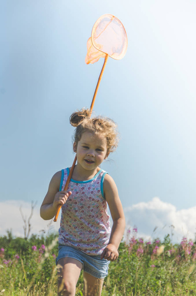 дівчинка, дитина з сіткою ловить метелика в сонячний літній день
 - Фото, зображення