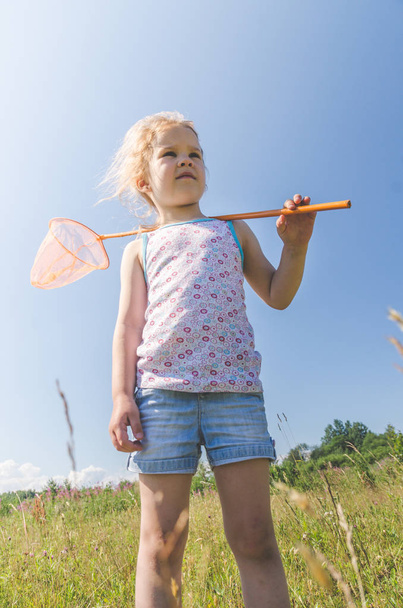 girl, a child with a net catches a butterfly on a Sunny summer day - Foto, Imagen