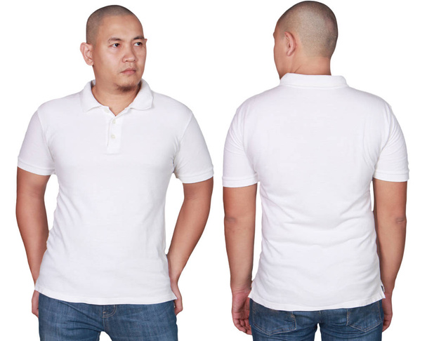 Λευκό Πόλο μπλουζάκι χλεύη επάνω, μπροστινή και πίσω όψη, απομονωμένη. Αρσενικό μοντέλο φθορά mockup απλό άσπρο πουκάμισο. Πρότυπο σχεδίασης πουκάμισο πόλο. Κενό μπλουζάκια εκτύπωση - Φωτογραφία, εικόνα