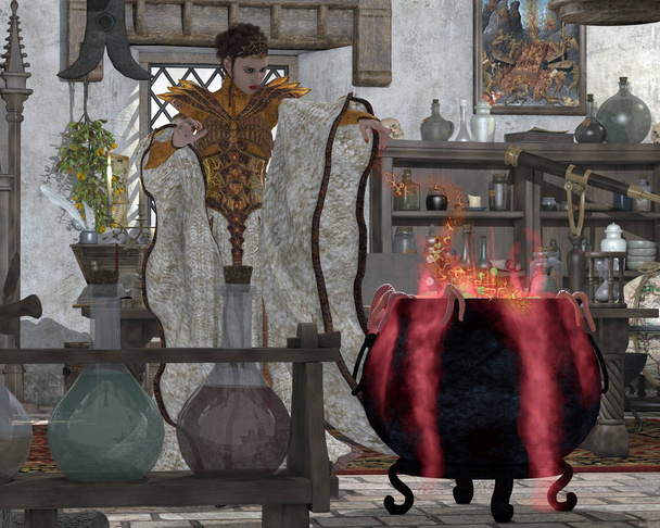 Μια μυστηριώδης μάγισσα κάνει μεγάλες βραστήρα ισχυρός ετοιμάζω μαγικό να χρησιμοποιήσετε τα ξόρκια της μαγεμένο. - Φωτογραφία, εικόνα