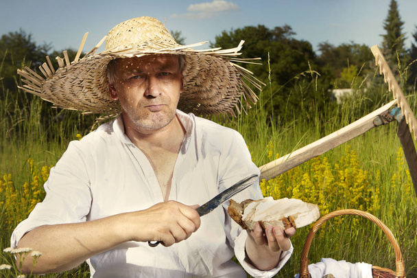 Village natural country man on summer meadow cutting bread after mowing grass - Photo, image