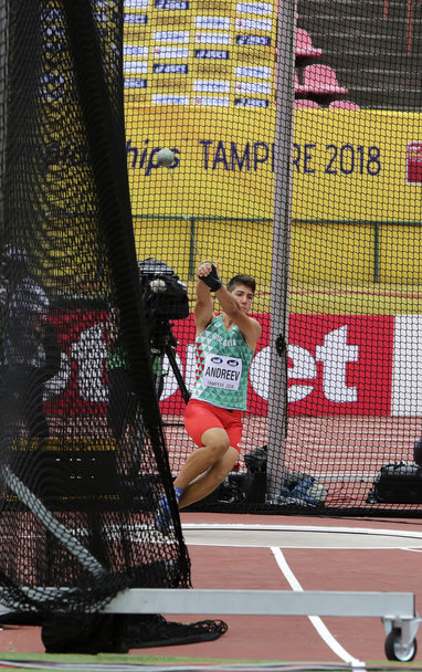 TAMPERE, FINLANDE, le 11 juillet : VALENTIN ANDREEV de Bulgarie lors d'un lancer de marteau au Championnat du monde des moins de 20 ans de l'IAAF Tampere, Finlande 11 juillet, 2018
. - Photo, image