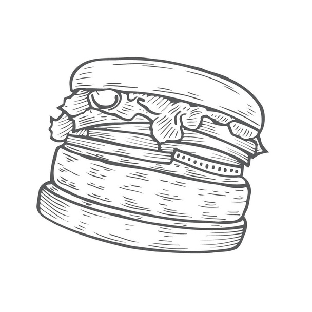 beschilderde hamburger, grote heerlijke sandwich, vectorillustratie, vintage stijl - Vector, afbeelding