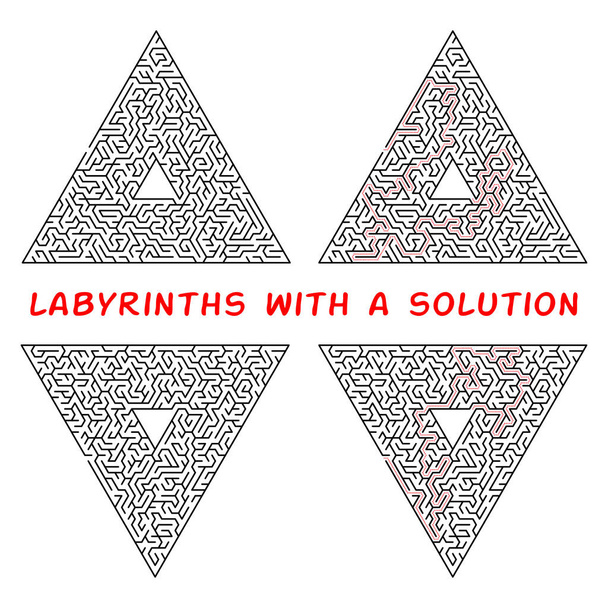 Sada trojúhelníkových labyrinty. Bludiště, izolované na bílém pozadí. Řešení je vyroben v červená tečkovaná čára - Vektor, obrázek