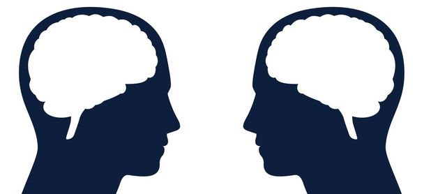 zwei Köpfe mit Gehirnsilhouette, die einander gegenüberstehen. Symbol für gleiche oder andere Art von Gedanken, Intelligenz oder Kommunikation, für Gedankenlesen, Telepathie, negative Meinungen, gegensätzliche Ideen. - Vektor, Bild