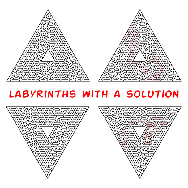 Conjunto de labirintos triangulares. Labirinto isolado sobre um fundo branco. A solução é feita em linha pontilhada vermelha
 - Vetor, Imagem
