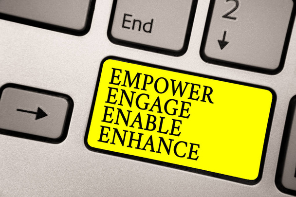 Texto de escritura de palabras Empower Engage Enable Enhance. Concepto de negocio para Empoderamiento Liderazgo Motivación Compromiso Teclado gris plateado con botón de color amarillo brillante textos de color negro
 - Foto, imagen
