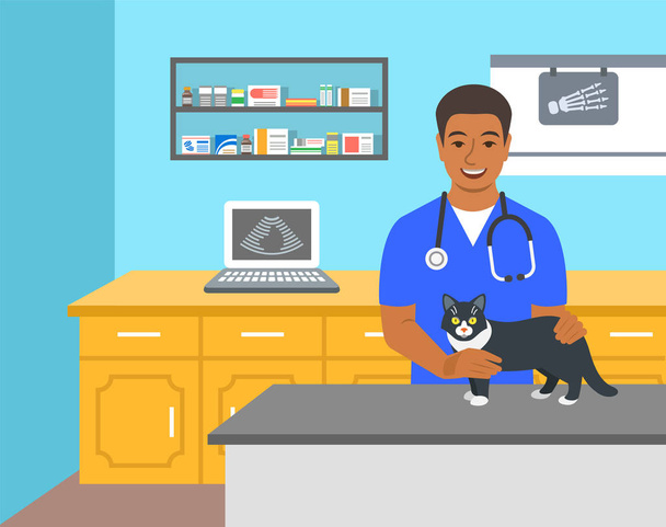 Lekarz weterynarii posiada psa na kozetce w klinice weterynaryjnej. Ilustracja kreskówka wektor. Opieki zdrowotnej tło zwierzęta. Koncepcja leczenia zwierząt domowych. Profesjonalne porady weterynaryjnej - Wektor, obraz