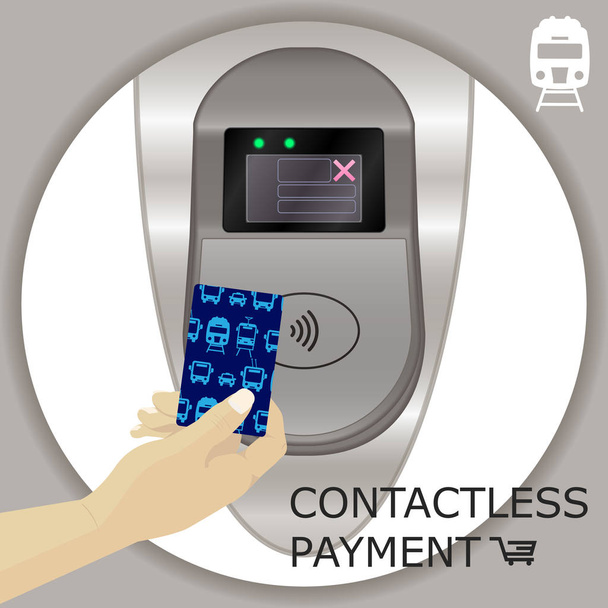 Airport, metro, subway ticket terminal for wireless payments. RFID. Hands holding card for transport payment gate. Contactless. Vector. - Vector, Image
