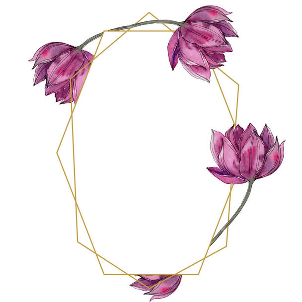Pink lotus flower. Floral botanical flower. Frame border ornament square. Aquarelle wildflower for background, texture, wrapper pattern, frame or border. - Photo, image
