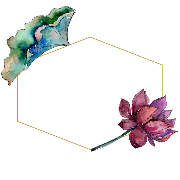 Roze lotusbloem. Floral botanische bloem. Frame grens ornament vierkant. Aquarelle wildflower voor achtergrond, textuur, wrapper patroon, frame of rand. - Foto, afbeelding