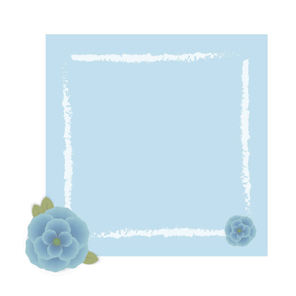 Blue simple square postcard with stripes and blue voluminous hand drawn flowers with leaves object object isolated on white background. - Вектор,изображение