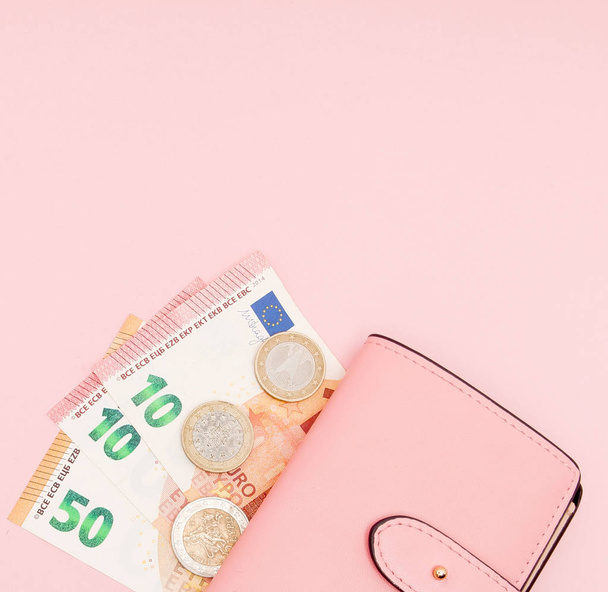 Wallet with Euro Currency on a Vibrant Blue Background. Business Concept and Instagram. Copy Space. - Zdjęcie, obraz