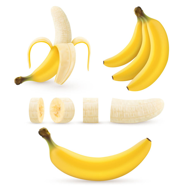 Sada ovoce banán, hrozny čerstvých banánů, tropické, polovinu oloupané a nakrájené. Realistická vektorová ilustrace izolované na bílém pozadí - Vektor, obrázek