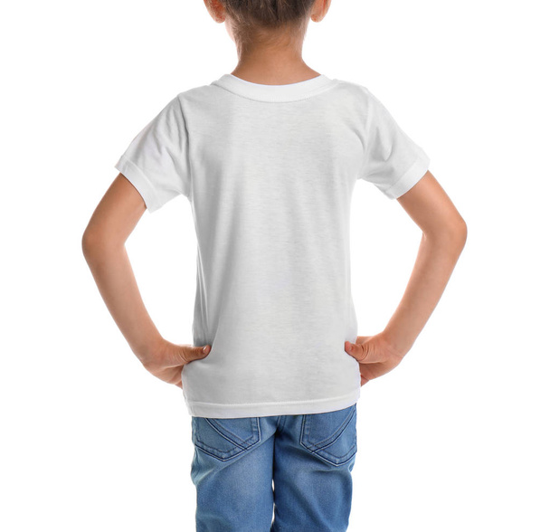 Little girl in t-shirt on white background. Mockup for design - Фото, изображение