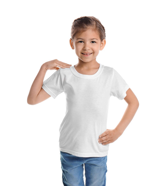 Little girl in t-shirt on white background. Mockup for design - Fotoğraf, Görsel
