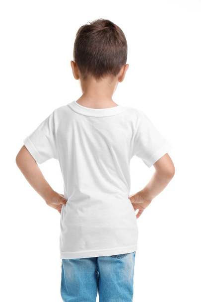 Little boy in t-shirt on white background. Mockup for design - Photo, Image