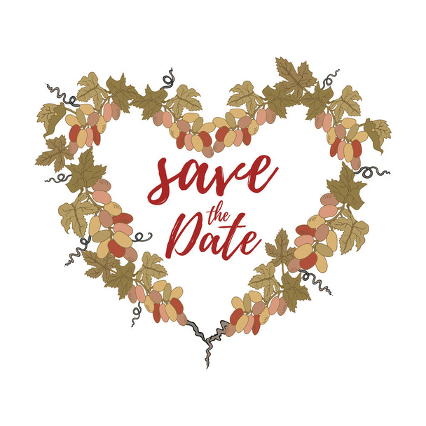 Vector illustration, Save the Date text and grapes wreath. Wedding invitation design element. - Вектор, зображення