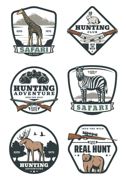 Odznaki retro sport polowanie, polowanie w Afryce i hunter club - Wektor, obraz