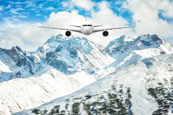Airplane frying over the Snow Mountain background - Photo, Image