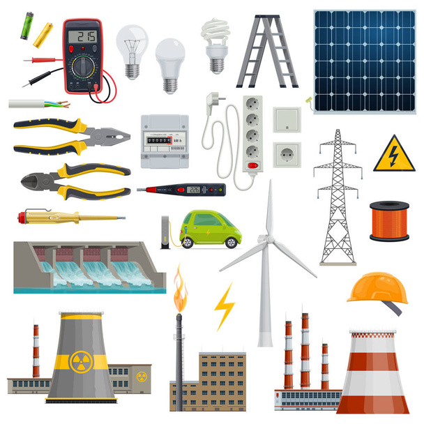 Electricity, energy and power industry icons - Vector, Image