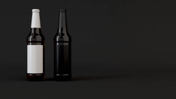 Mock up of two brown beer bottle 0.5l with blank black and white labels on black background. Design or branding template. 3D rendering illustration - Φωτογραφία, εικόνα