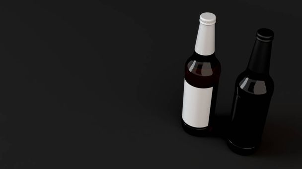 Mock up of two brown beer bottle 0.5l with blank black and white labels on black background. Design or branding template. 3D rendering illustration - Foto, imagen