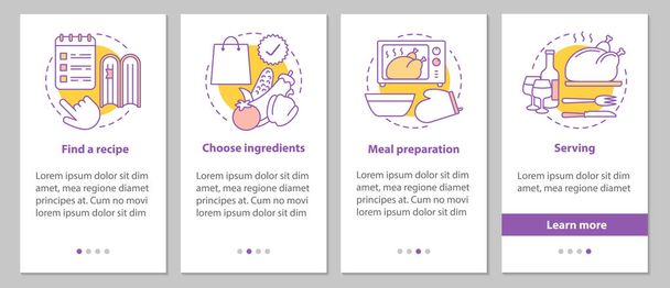 Catering onboarding mobile app page screen with linear concepts. Choosing recipes, ingredients, food preparation, serving steps graphic instructions. UX, UI, GUI vector template with illustrations - Vektor, Bild