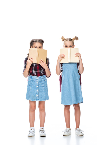 schoolkinderen uit boeken op wit wordt geïsoleerd uitkijken - Foto, afbeelding