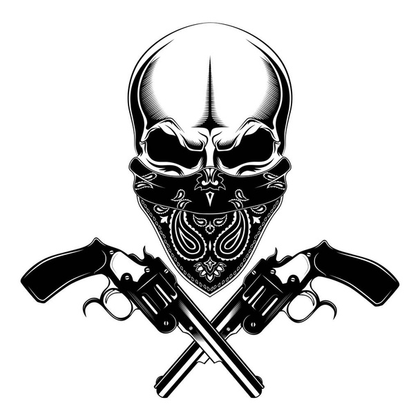   A skull in a bandanna with pistols. Black and white vector image. - Wektor, obraz